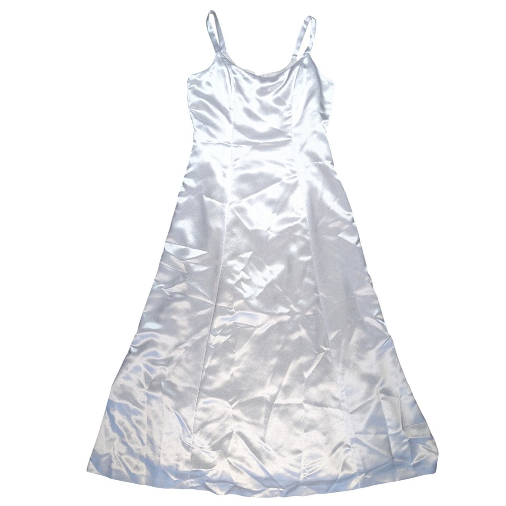 Vintage 90s White Heavy Satin Bridal Maxi Dress Spaghetti Strap Dress